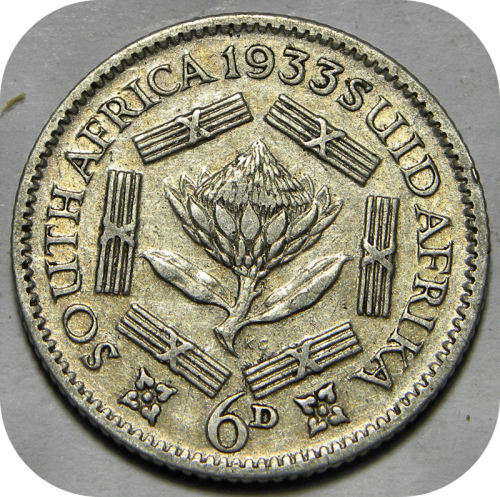 Bargain 1933 SA Union:  The rare Sixpence 6d below R200!!