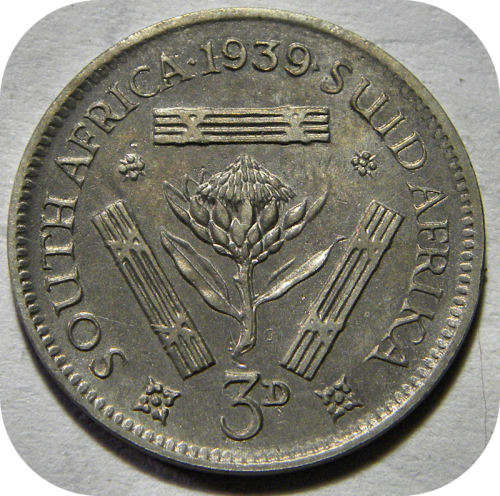 Rare SA Union: No KG 1939 Tickey 3d in VF!!