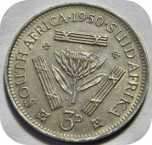 Top Grade SA Union: 1950 tickey 3d in A/UNC!!
