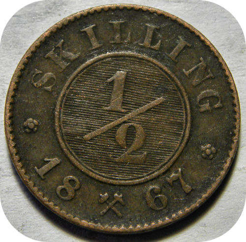 1867 Norway 1\2 skilling CLXV