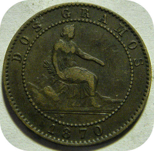 1870 Spain 2 Centimos Dos Gramos Quinientas Piesas en Kilog