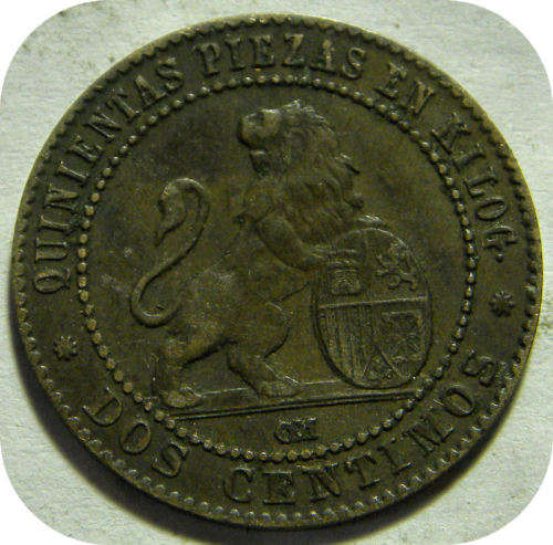 1870 Spain 2 Centimos Dos Gramos Quinientas Piesas en Kilog