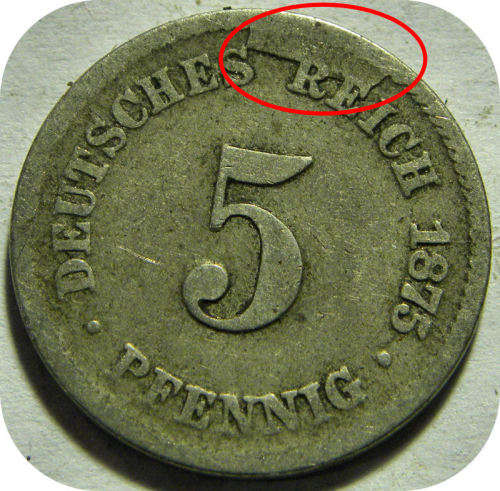 Ultra rare Error specimen:  1875 5 Pfennig Germany Deutsch Reich