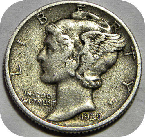 USA 1 Mercury 90% Silver Dime coin of 1939