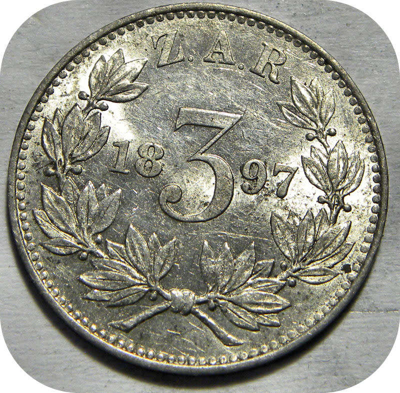 Top Grade ZARs:  Lustrous 1897 Tickey 3d in Brilliant UNC!!!!