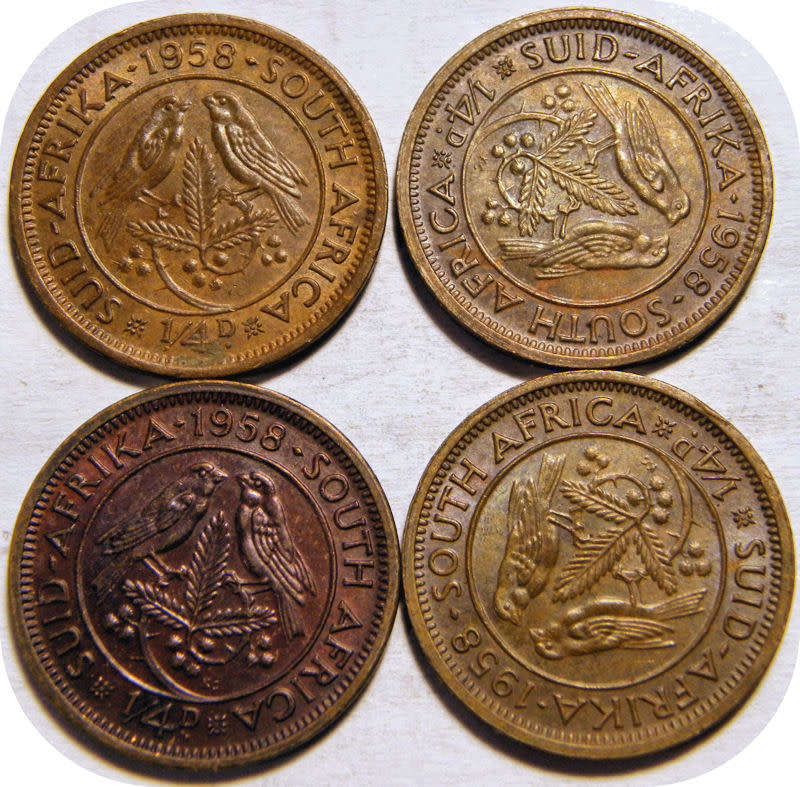 Winskoop SA Unie: 4 x 1958 1/4d in EF onder R20!  Bie per munt.