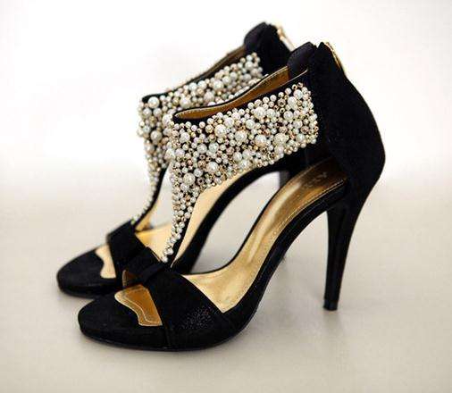 Hand Made Pearl Beads High Heel Sandle in Nude / Black Size 2-6