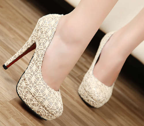 Ladies High Heel with Lace pattern formal Heel in Beige / Black size 2-6 (34-39)