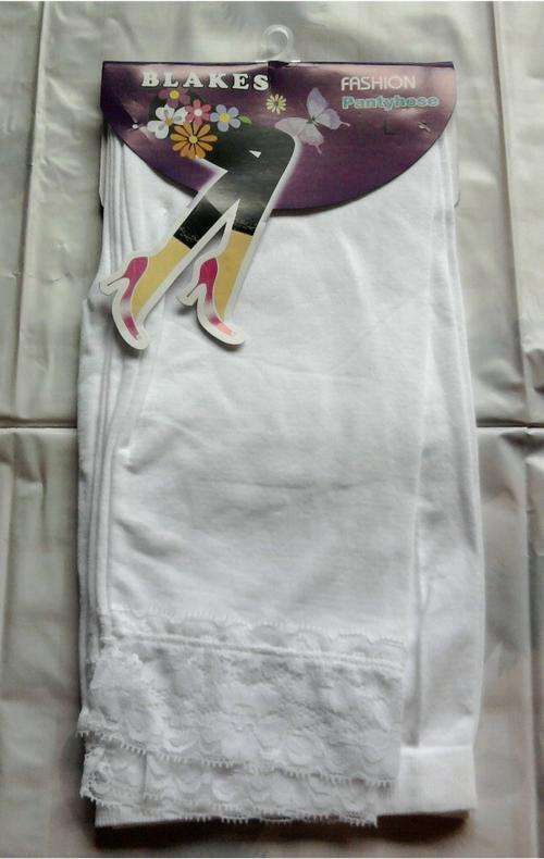STRETCH LEGGINGS WITH LACE BOTTOM,WHITE , SIZE L