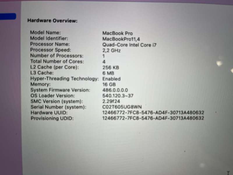 MacBook Pro 2015 , 15-Inch Core i7 2.20GHz , Retina Display, 16GB RAM , 256GB SSD