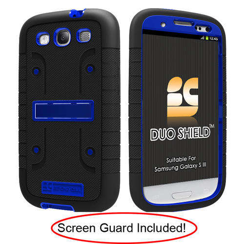 Samsung Galaxy S III 3 Rubber IMPACT Duo Shield Case Phone Cover Black Blue - FREE SCREEN PROTECTOR