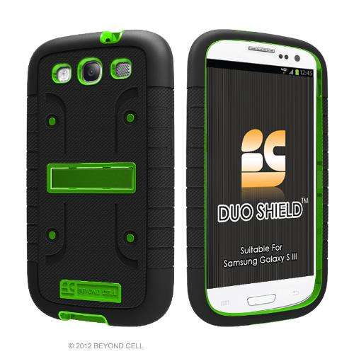 Samsung Galaxy S III 3 Rubber IMPACT Duo Shield Case Phone Cover Black Green -FREE SCREEN PROTECTOR