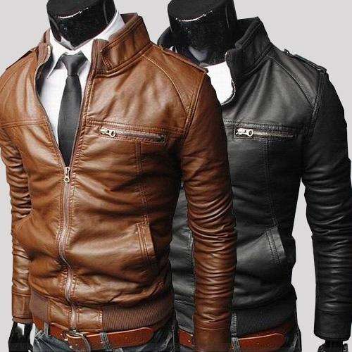 Fashion zipper short design slim fit stand collar casual water wash motorcycle leather jacket