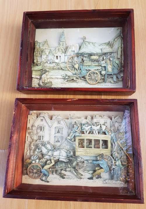 Vintage Rare Pair of Anton Pieck Original 3D Art Pieces in Wood Box Frames (Bid for both)