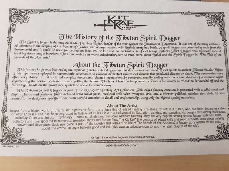 Authentic United Cutlery Kit Rae Tibetan Spirit Dagger Retail Value R6000