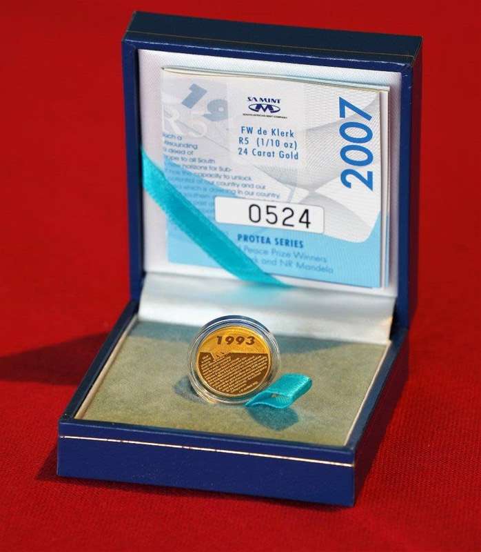2007 FW de Klerk Nobel Peace Prize  1/10oz Proof Gold Coin