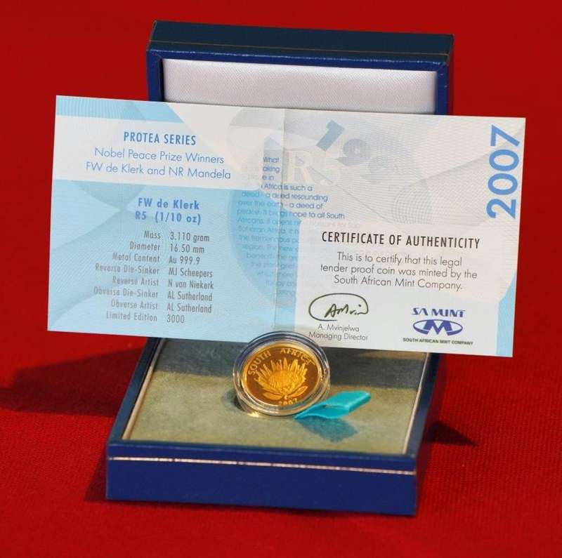 2007 FW de Klerk Nobel Peace Prize  1/10oz Proof Gold Coin