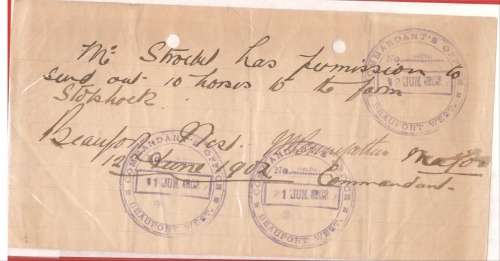 1902 Rare Boer War Verlofbrief - Beaufort West