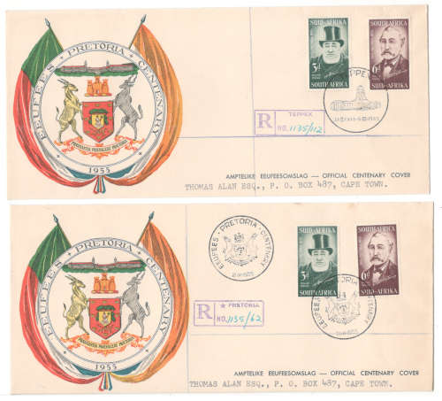 1955 - Centenary of Pretoria 4 covers - different cachets - TEPPEX, Pretoria - diff Registered, FDC