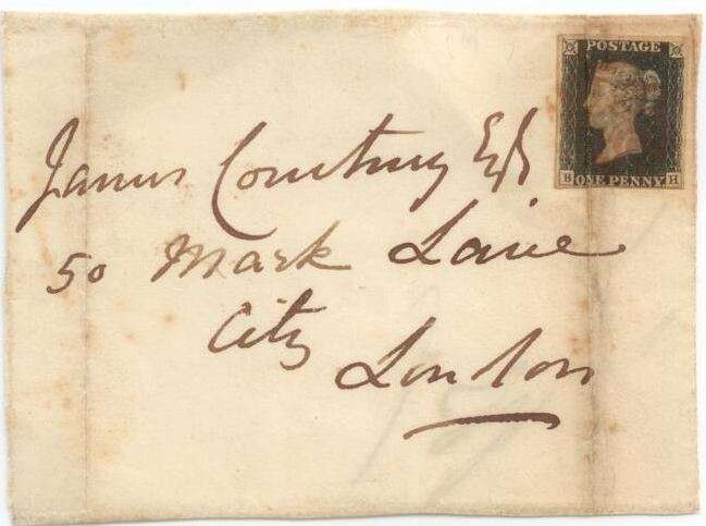 Postal history - Penny Black on front - note vertical crease
