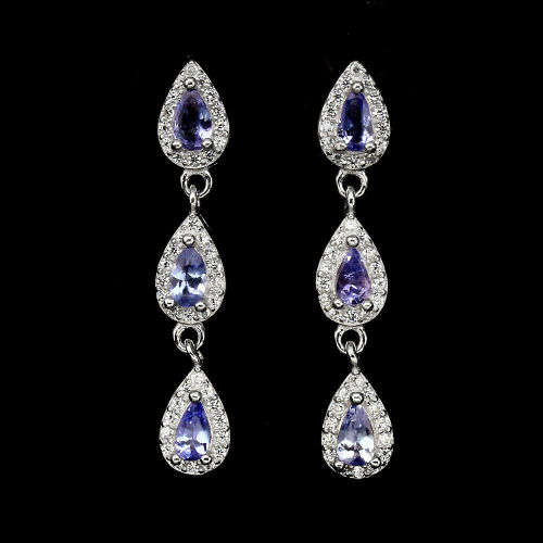 EXQUISITE!  PEAR FACET 5x3mm BLUE TANZANITE DROP EARRINGS - RHODIUM WHITE GOLD PLATED