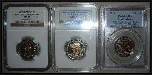 MANDELA BIRTHDAY COINS MS67 AND SARB 90TH ANIVIRSARY MS67 ALSO FEATURING NELSON MANDELA