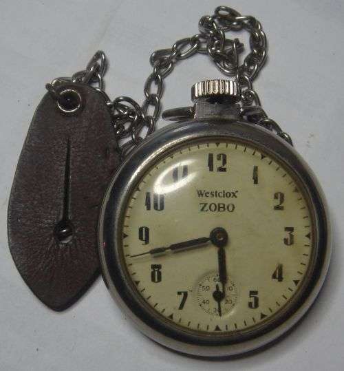 A WORKING WESTCLOX ZOBO POCKET WATCH WITH CHAIN