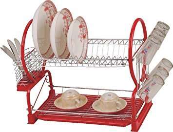 2 TIER DISH RACK RED/BLUE & CHROME SILVER DISH DRAINER HOLDER RACK