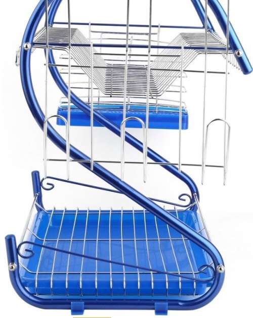 2 TIER DISH RACK BLUE & CHROME SILVER DISH DRAINER HOLDER RACK