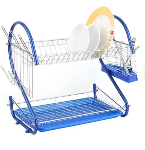 2 TIER DISH RACK BLUE & CHROME SILVER DISH DRAINER HOLDER RACK