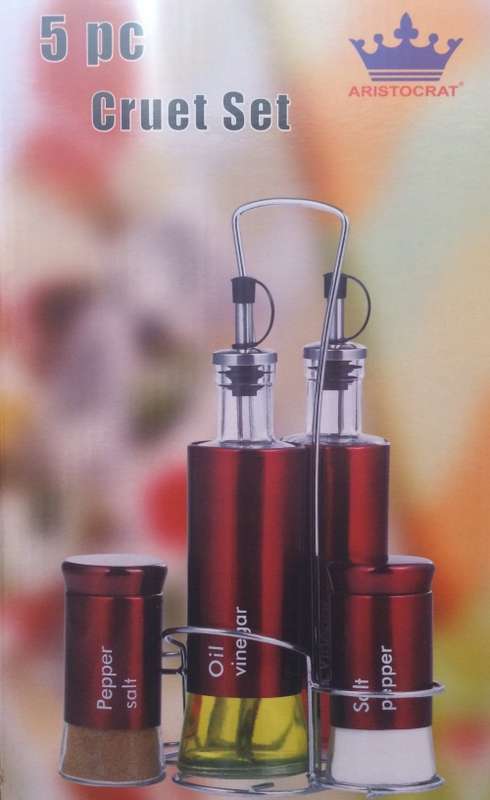 Aristocrat 5 Piece Cruet Set Oil, Vinegar, Salt & Pepper Dispencer with big holder