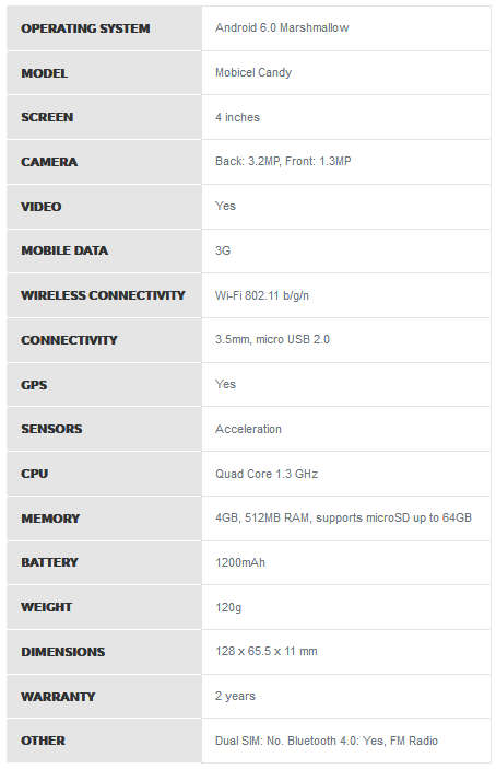2018 TOP SELLER > Mobicel Candy Smartphone <3G / WiFi / ANDROID 6>