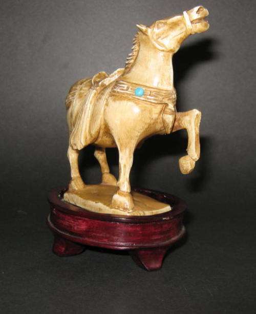  ANTIQUE CARVED IVORY CHINESE TANG STYLE HORSE ON WOODEN STAND