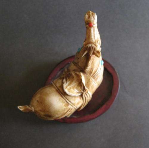 ANTIQUE CARVED IVORY CHINESE TANG STYLE HORSE ON WOODEN STAND