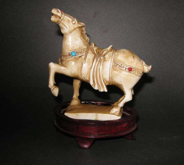ANTIQUE CHINESE CARVED IVORY TANG STYLE HORSE ON WOODEN STAND - REDUCED !!!