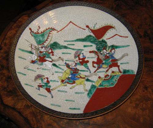 OLD CHINESE CERAMIC CHARGER WITH WARRIORS
