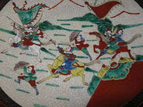 OLD CHINESE CERAMIC CHARGER WITH WARRIORS