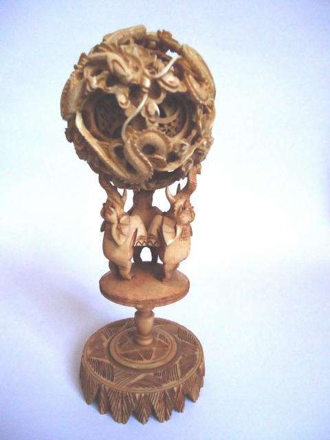 VINTAGE CHINESE IVORY PUZZLE BALL ON STAND