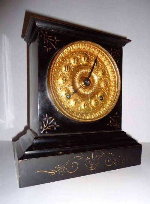ANTIQUE ANSONIA ENAMELLED IRON CASE MANTLE CLOCK