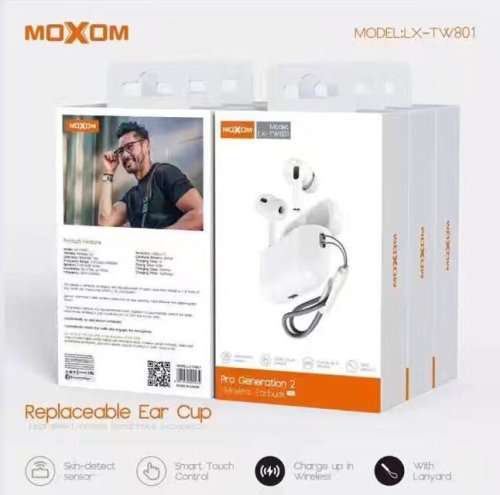 MOXOM MODEL-LX-TW801 Pro Generation 2, Wireless Earbuds, TWS Skin-detect sensor With Lanyard Smart
