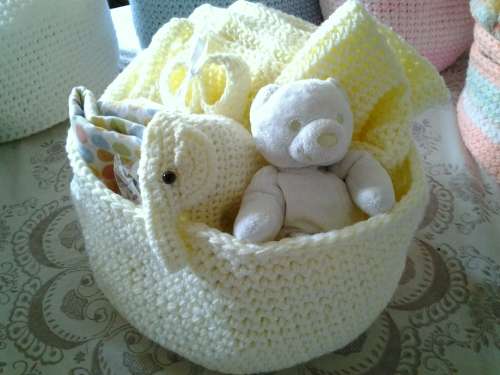 6 BABY BASKETS/ HAMPERS - NEWBORN - HANDMADE CROCHET - EACH DIFFERENT COLOR - EACH R400 - SUPER GIFT
