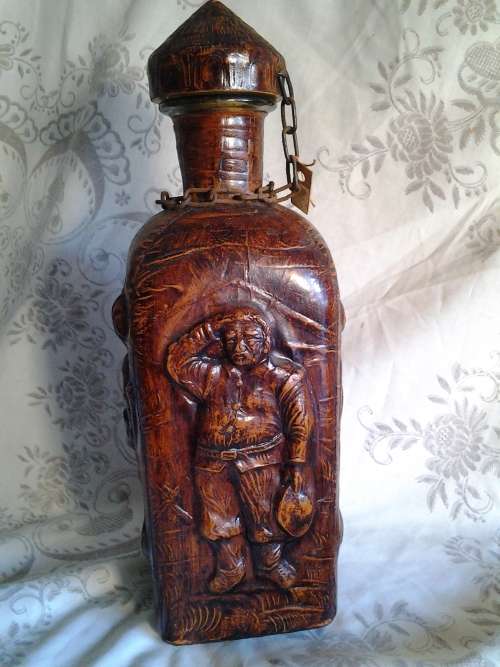 Vintage Spanish Leather Covered/Bound Glass Decanter Bottle - Don Quijote and Sancho