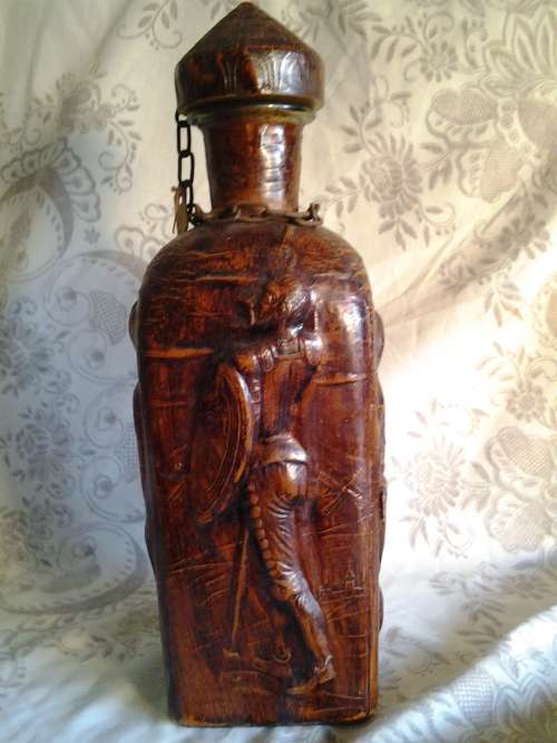 Vintage Spanish Leather Covered/Bound Glass Decanter Bottle - Don Quijote and Sancho