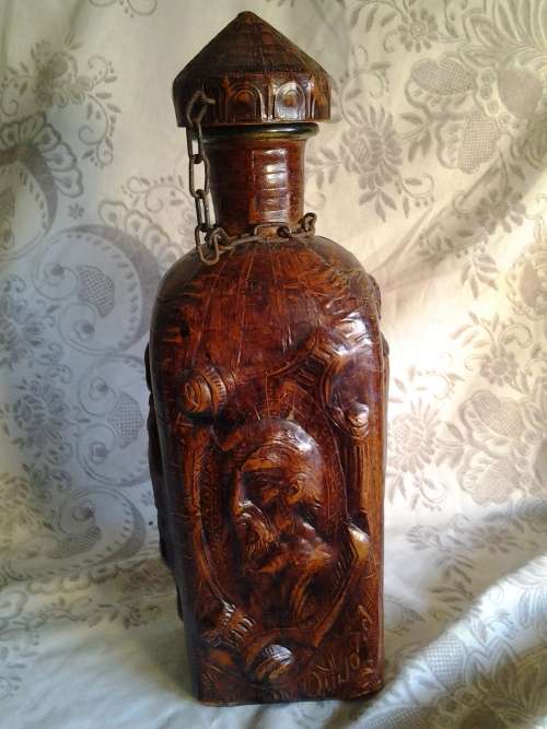 Vintage Spanish Leather Covered/Bound Glass Decanter Bottle - Don Quijote and Sancho
