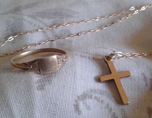 VINTAGE 10 KT GOLD CHRISTENING RING AND NECKLACE FOR BABY - GOLD-PLATED CROSS PENDANT INCLUDED
