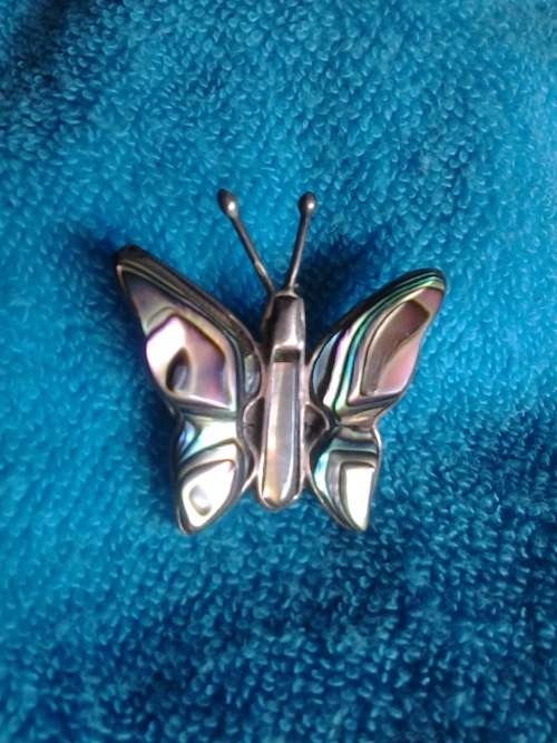 TWO VINTAGE PINS - OWL AND BUTTERFLY - ABALONE, NATURAL STONE, SILVER -  YOUR CHOICE R95