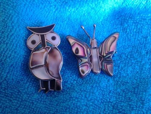TWO VINTAGE PINS - OWL AND BUTTERFLY - ABALONE, NATURAL STONE, SILVER -  YOUR CHOICE R95