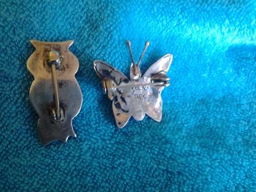 TWO VINTAGE PINS - OWL AND BUTTERFLY - ABALONE, NATURAL STONE, SILVER -  YOUR CHOICE R95