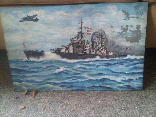 Beautifully Painted Origional Hand Painted Trench Art Metal Backed Painting Of A Warship By L.H.
