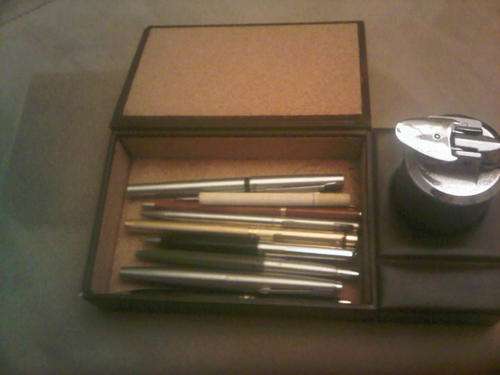 Vintage Writing Desk Box & Lighter Including Collection Of Pens